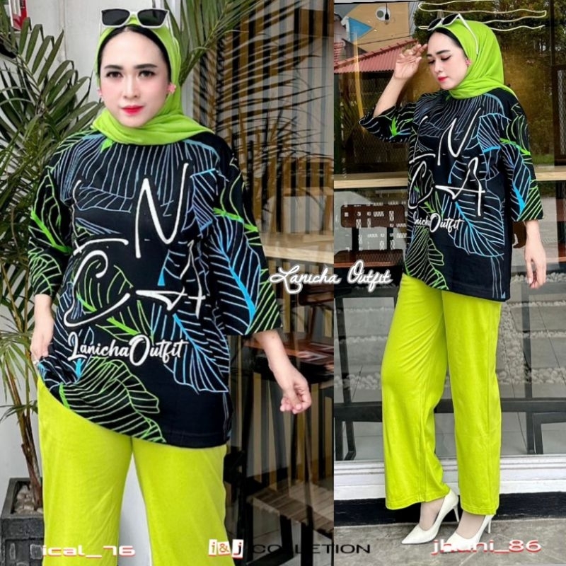 Oneset Kaos wanita kekinian Setelan Lanicha Terbaru Kaos Combed 24s Setcel Kekinian