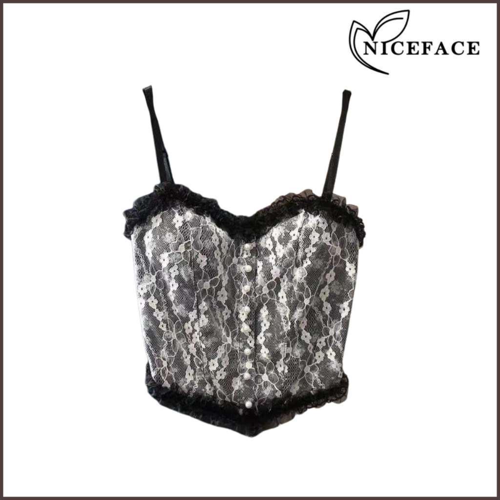 NICEFACE - Bra bh tanktop Crop Korean Lace Floral Vintage wanita Motif Bunga retro gaya korea