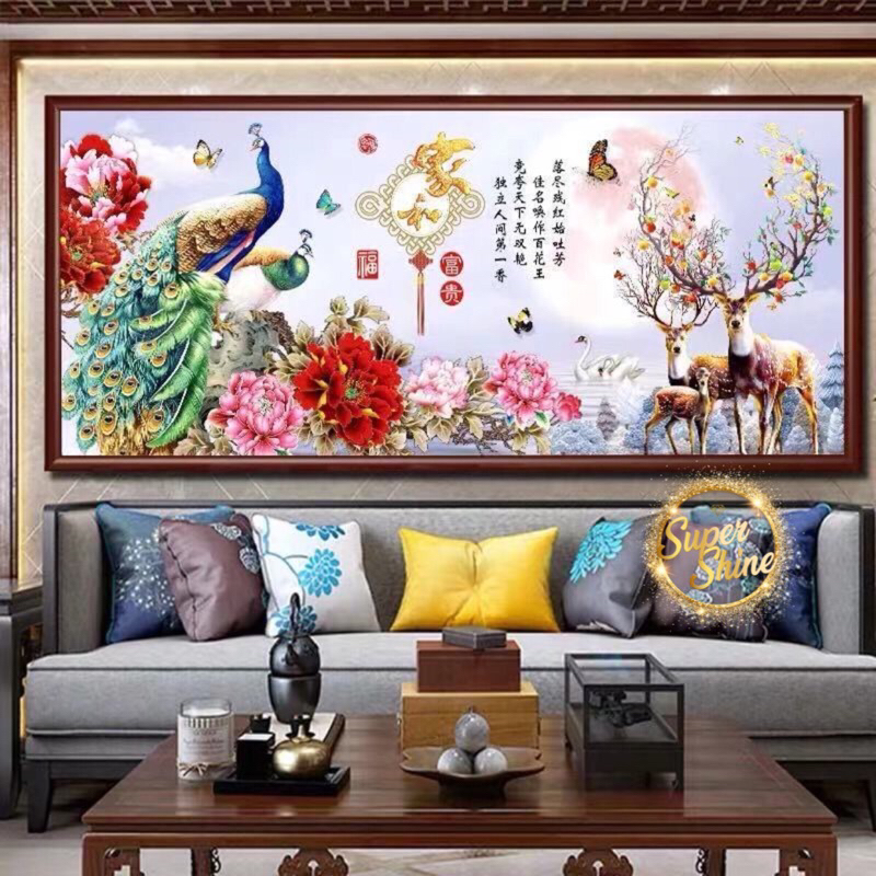 [Super_Shine] Lukisan Diamond Painting Set DIY Diamond Painting Merak Dan Rusa Bunga Lukisan Bunga F