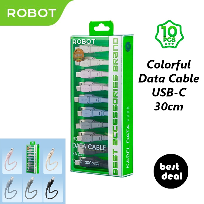 Robot RC30 30cm USB-C Colorful Kabel Data Cable Charger Powerbank 3A (isi 10pcs)