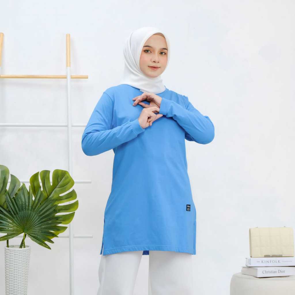 Tunik Kaos Wanita Warna Biru Langit Lengan Panjang Cotton Combed 24S