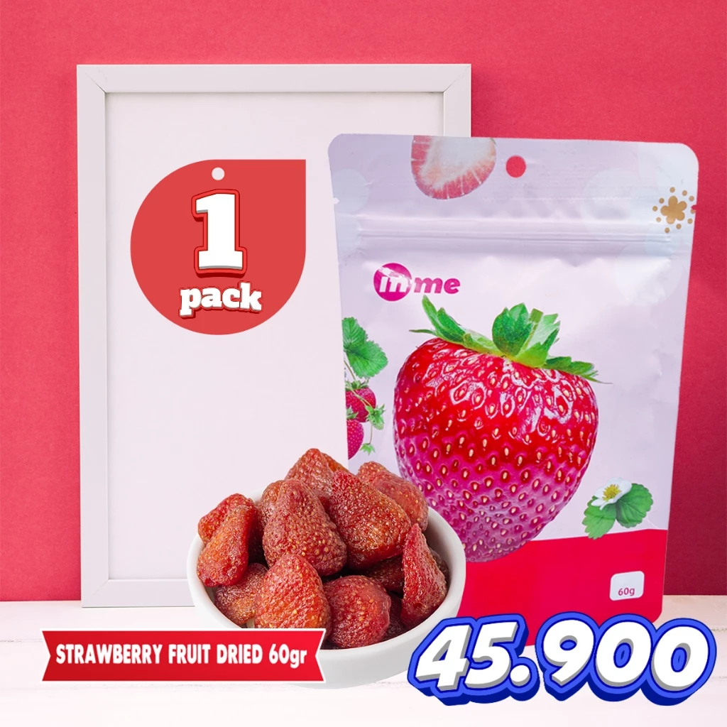 

INMEI Manisan Buah Kering Strawberry , Peach 60g | Fruity Snack Asli Strawbery / Persik / Pilus Durian Kacang