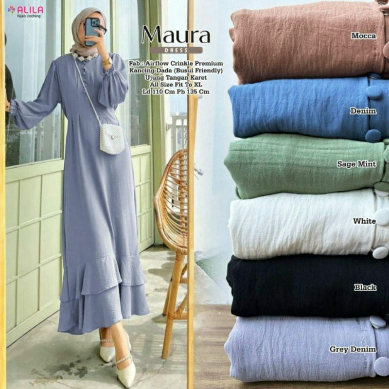 Grey / Biru denim / Hitam & Putih Maura Dress Cantik Gamis Muslim Ld 110 by Alila