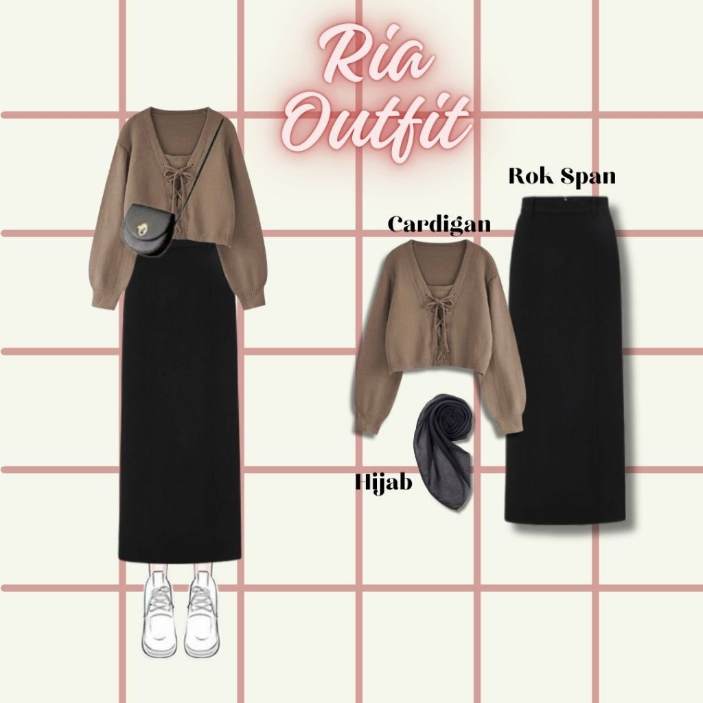 Ria Outfit | One Set ( Cardigan Set + Rok Span + Hijab ) | OOTD Korean Hijab
