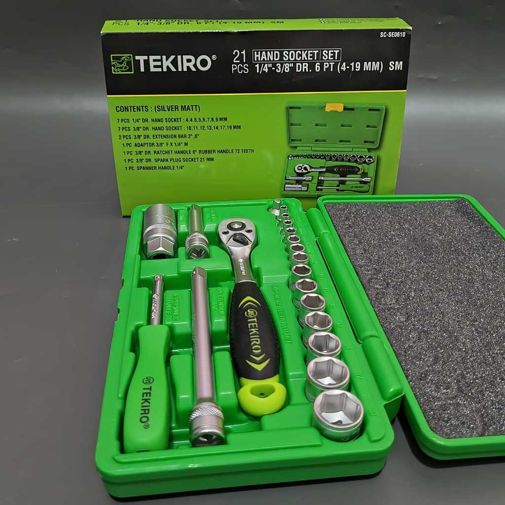 COD Tekiro Kunci Sok 21 Pcs 1/4"-3/8" DR 6 Pt Komplit Ready Kunci Sok Set Tekiro