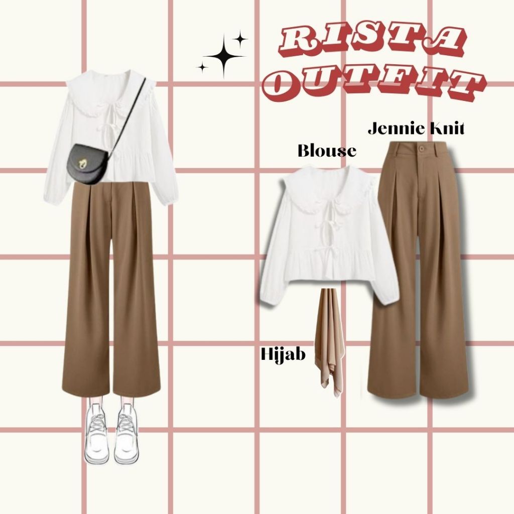 Rista Outfit | One Set ( Blouse Pita Putih + Jennie Knit + Hijab ) | OOTD Korean Casual Hijab