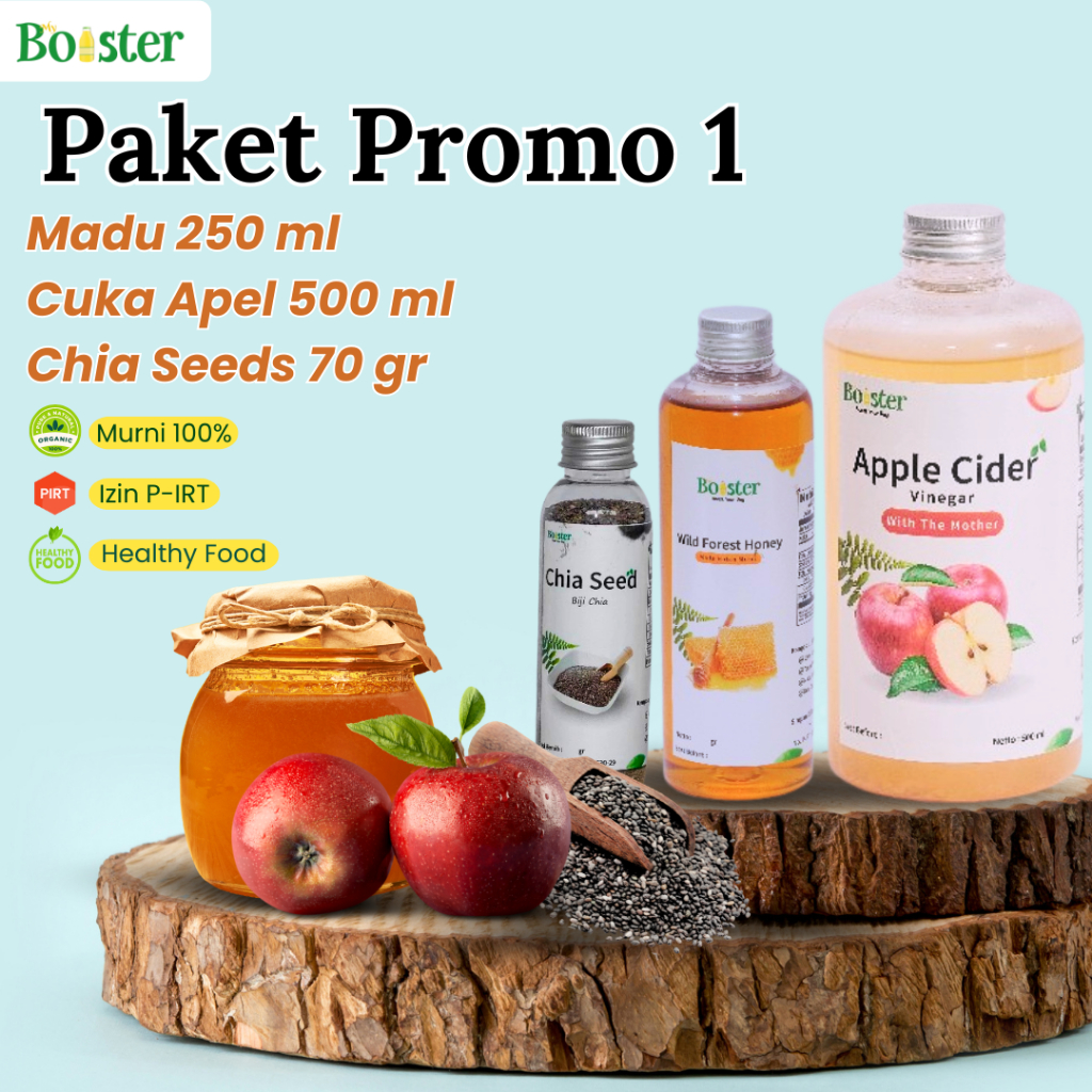 

MYBOOSTER PAKET PROMO 1 CUKA APEL 500ML MADU 250ML CHIA SEED 70GR PAKET SEHAT DIET ALAMI ORIGINAL