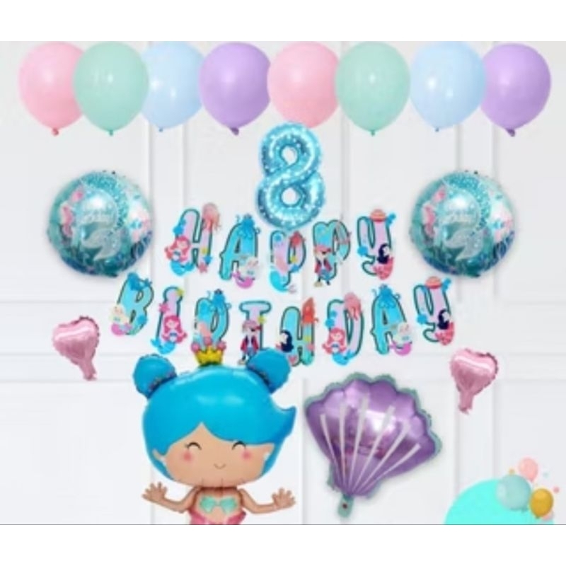 MERMAID SIMPLE DECORATION SET/HBD SET/DEKORASI ULTAH PUTRI DUYUNG/HAPPY BIRTHDAY