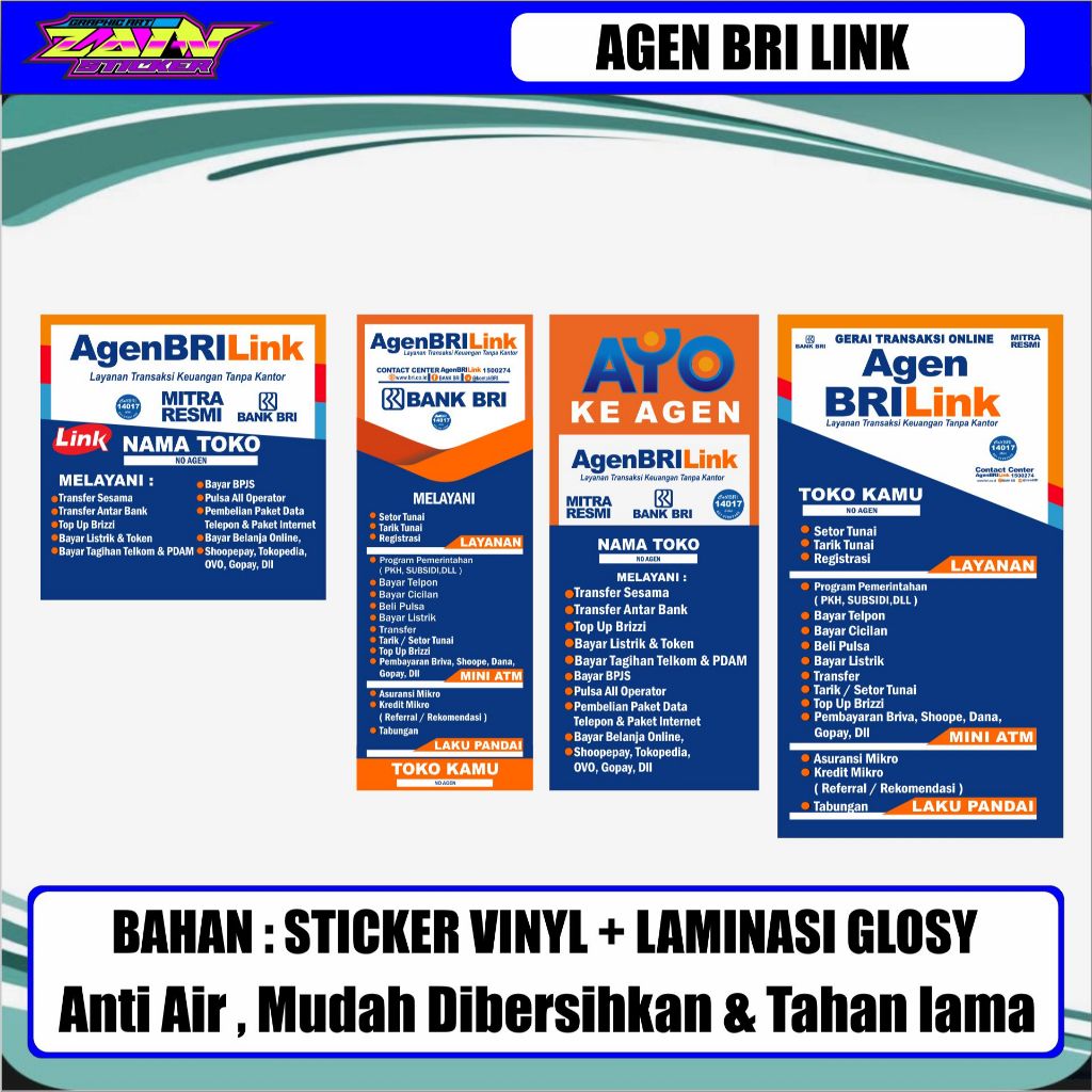 

STICKER AGEN BRI LINK VINYL + LAMINASI GLOSSY (NO AGEN & NAMA TOKO TULIS DI CATATAN/CHAT ADMIN)