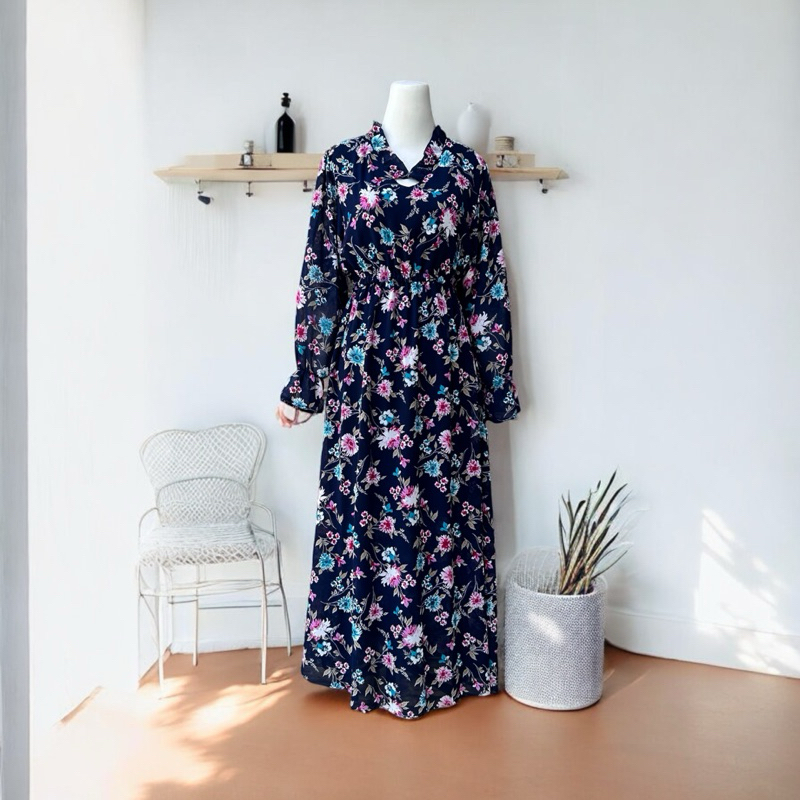 Dress Vintage Nevy Bunga Korea Style/Hijab