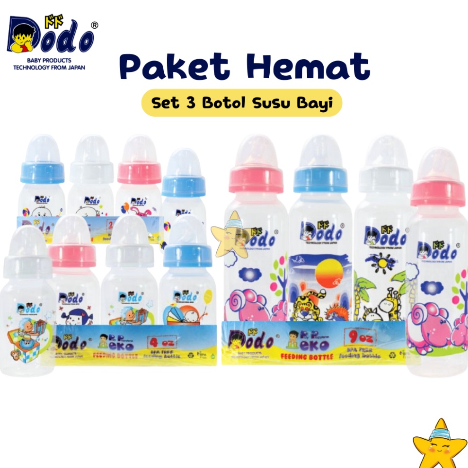 Kejutan Besar HBK 3 Pcs Paket Botol Dot Susu Bayi Dodo Eko Baby Bottle Nipple AntiColic Slim Neck PP