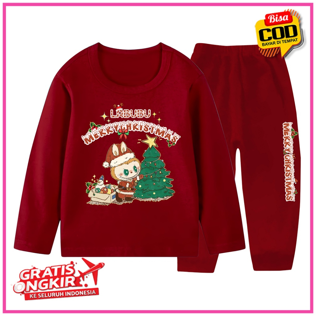 Piyama Baju Tidur Labubu Natal Anak Perempuan Model Lengan Panjang Celana Panjang  3 TAHUN-10 TAHUN