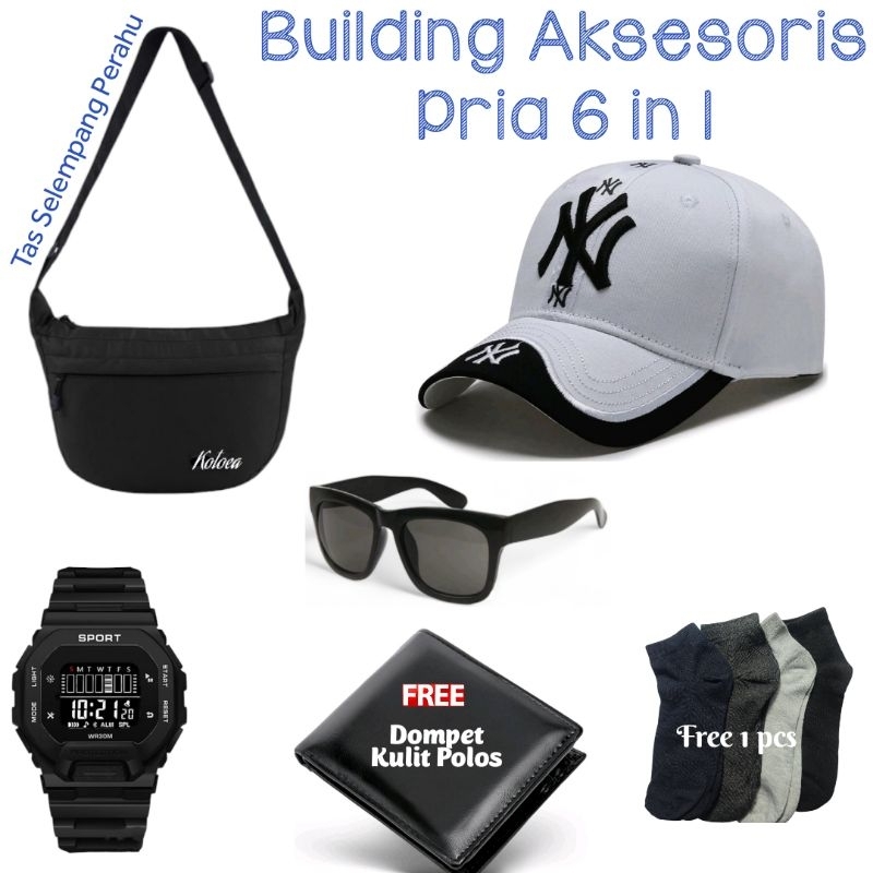 PAKET HEMAT 6 IN 1 TAS SELEMPANG SALEMPANG WAISTBAG PINGGANG WATERPROOF PRIA COWOK DAPAT TOPI BASEBA
