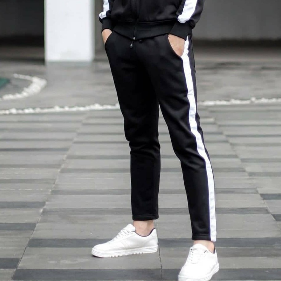 CELANA TRAINING PRIA WANITA 918 HITAM LIST PUTIH  JOGGER TRACKPANTS FLEECE TEBAL