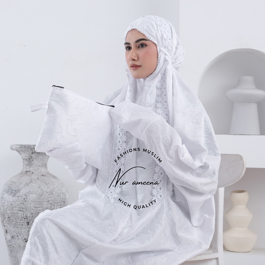 Nur ameena - Mukena Terusan Dewasa Sutra Milo Premium Renda Kd Jumbo Adem Nyaman Prada Putih Lembut