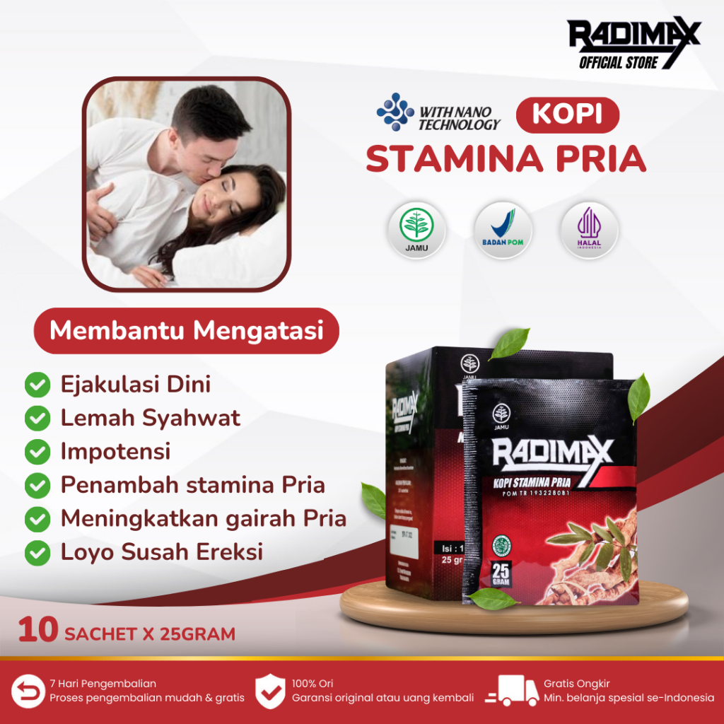 

Radimax Kopi Stamina Pria Kuat Tahan Lama Anti Loyo 100% Herbal Asli 1 Box Isi 10 Sachet Sudah Bpom