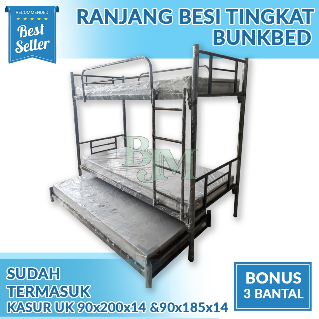 Ranjang 3 susun ranjang 3 tingkat + kasur busa ranjang besi