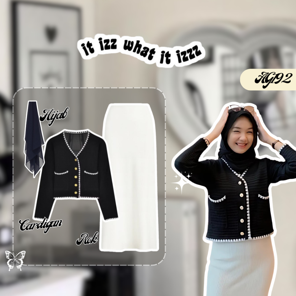 OOTD Korean Style Wanita Kekinian 3in1 Outfit Set Terbaru cardigan Korean Style Hitam + Rok span Put