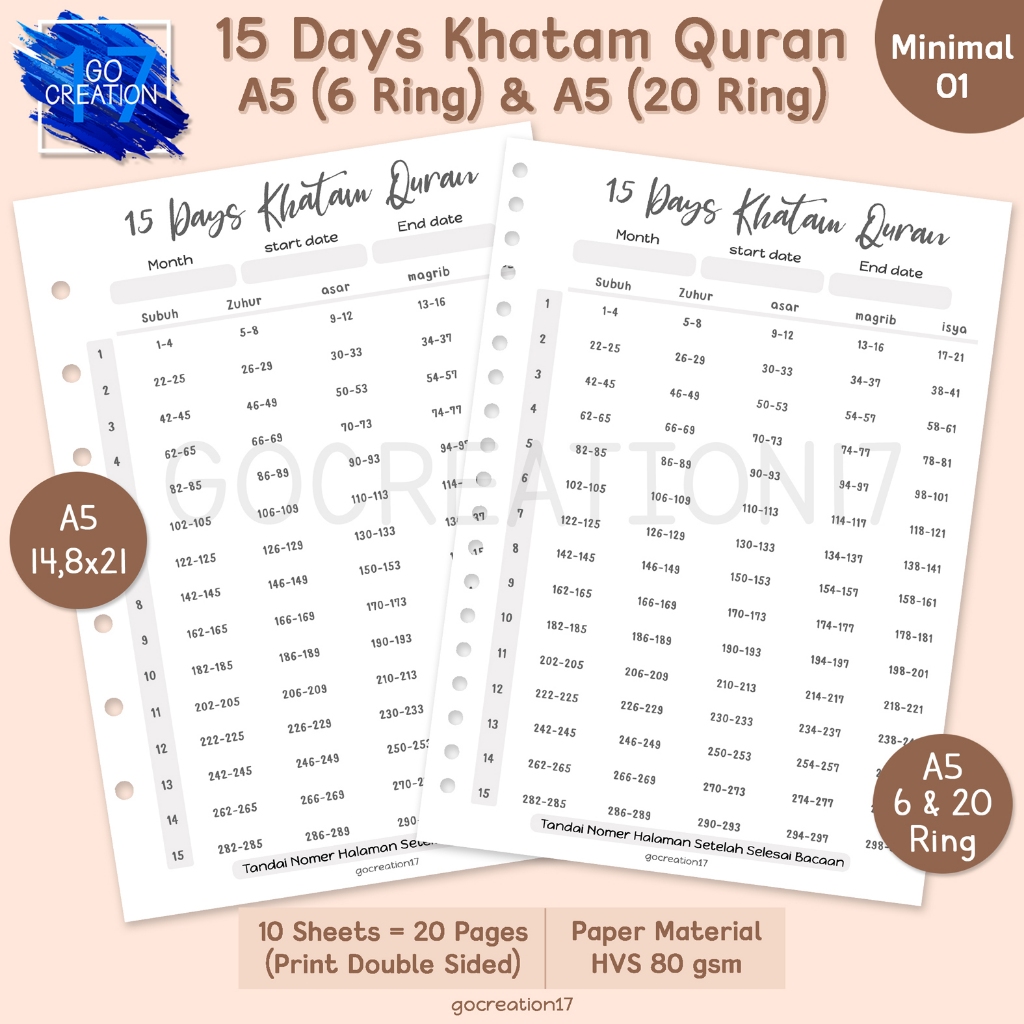 

Buku Planner Kertas Isi Binder 15 Day Khatam Quran Simple Minimalis A5