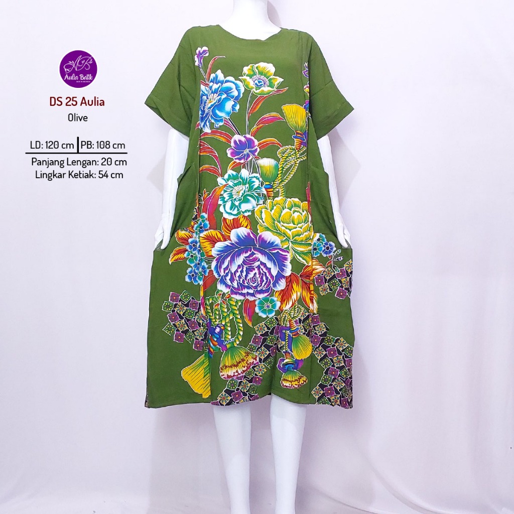 Batik Aulia Daster 25 LD 120 Tanpa Kancing | Daster Lengan Pendek 2 Saku Depan Di Bawah Lutut