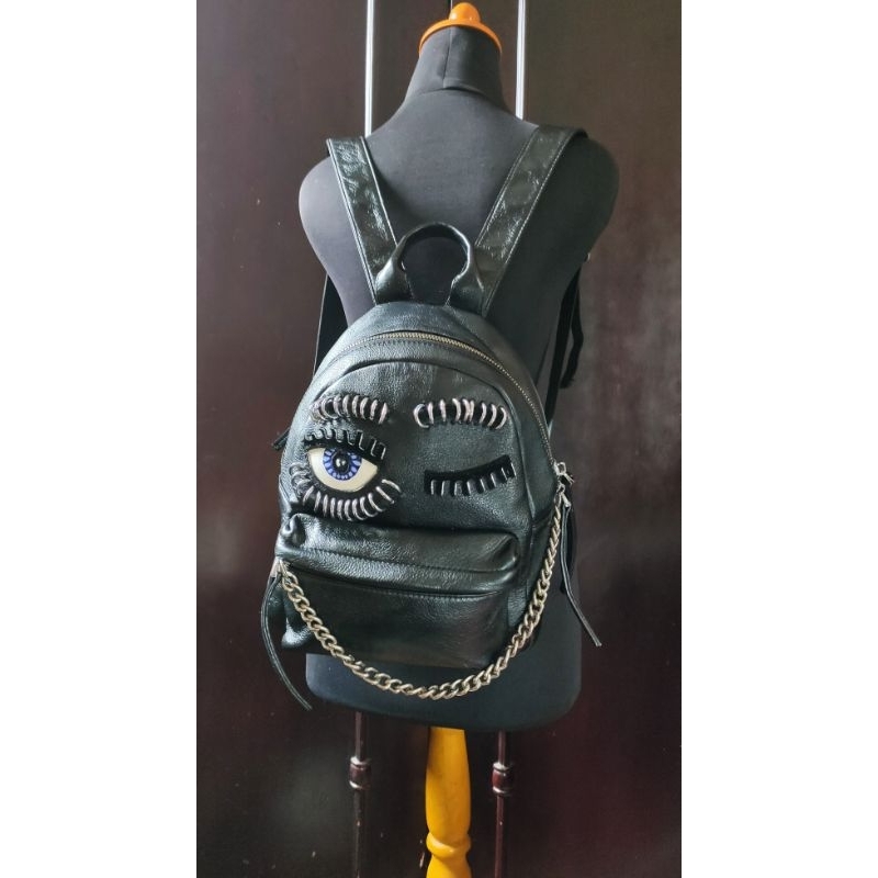 Backpack / Tas Ransel Kecil Kulit Asli Blue Eye Piercings Hitam Preloved/second