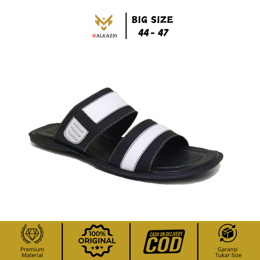 Malkazio | Sandal Pria Slide Black White Kulit Asli | Sendal Kasual Santai Import Big Size Jumbo