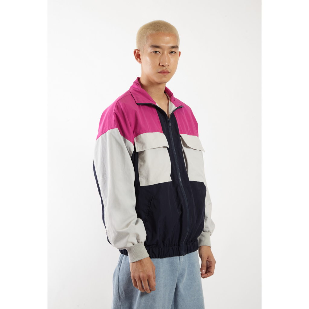 OCWA ELVIS COLORBLOCK 80S INSPIRED WATERPROOF JACKET PINK FUCHSIA GREY NAVY BLUE MEN