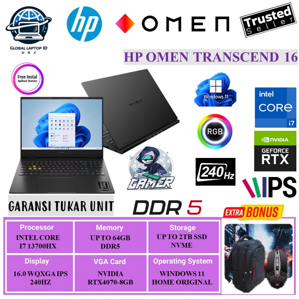 Laptop Gaming HP OMEN TRANSCEND 16 Intel Core i7 13700HX RAM 64GB DDR5 2TB SSD RTX4070-8GB 240HZ | 1