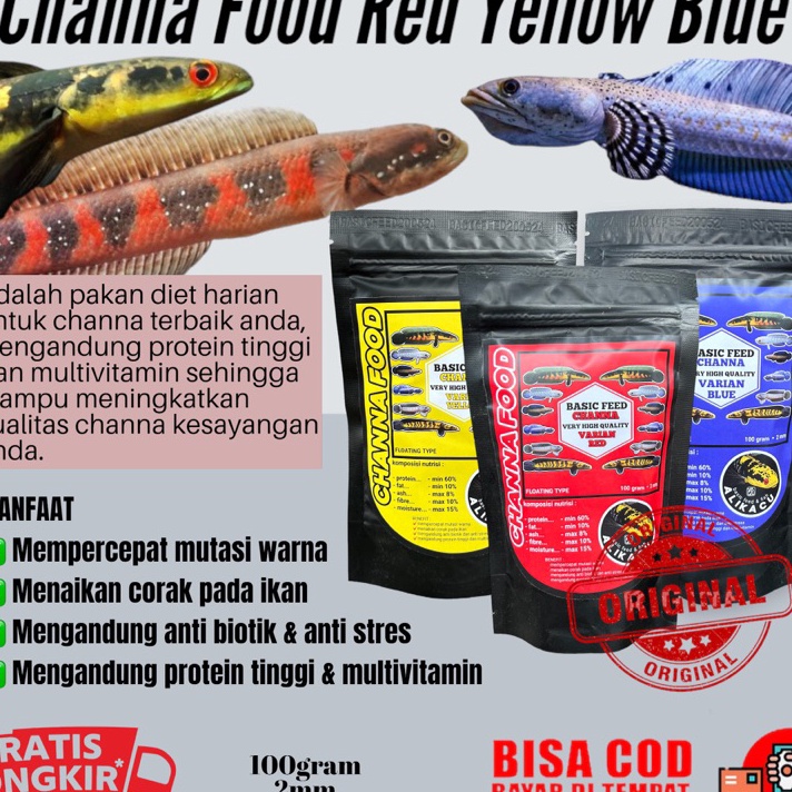 HEBOH channa food red blue yellow 1gr  makanan ikan predator  pakan ikan pelet ikan channa maru yell