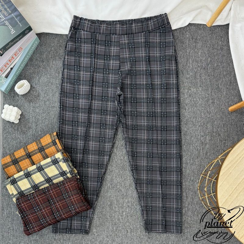 CELANA JUMBO BIG SIZE KOTAK KOTAK CEWEK PANJANG WANITA DEWASA STRIT BAGGY STRETCH TARTAN PANTS BAHAN