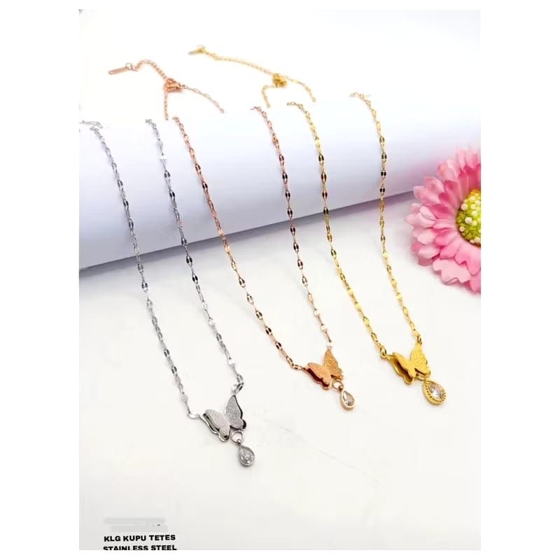 KALUNG WANITA TITANIUM ASLI LIONTIN KUPUKUPU BATU PERMATA CANTIK