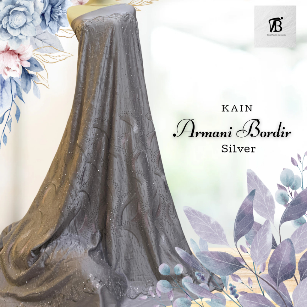 Bahan Kain Armanii Silk Silky Armany Bordir Embroidery Warna Silver Gray