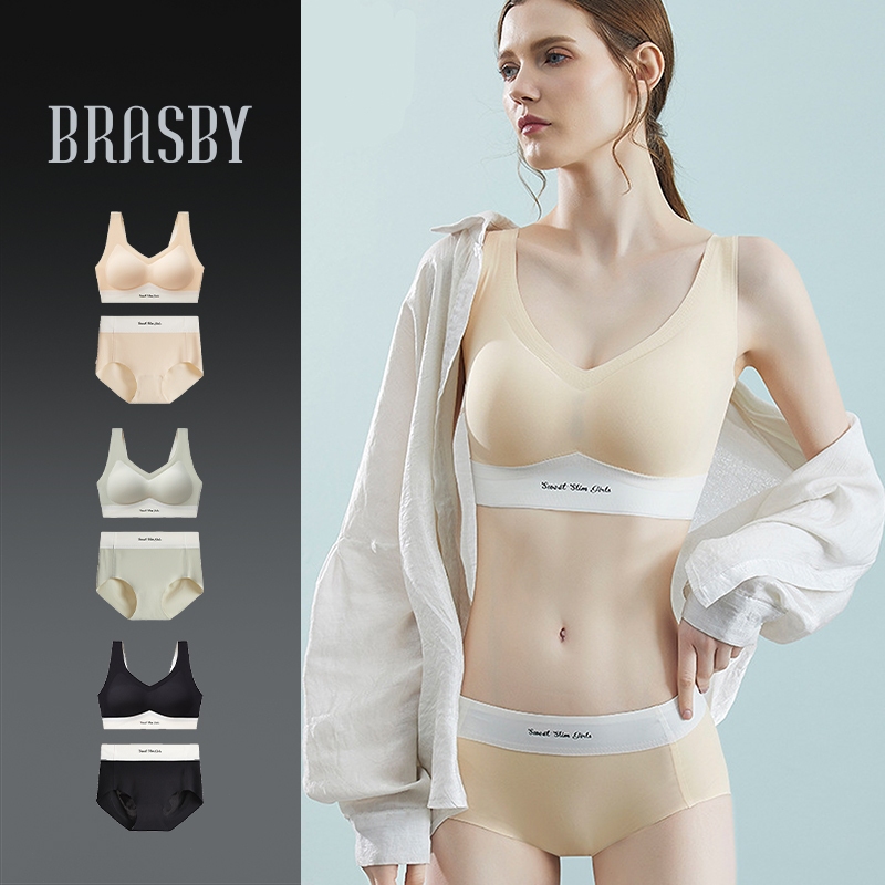 Brasby [BH+CD] Set Bra Seamless Jepang / Olahraga Push Up Bra Full Cup/ Set Pakaian Dalam Es Sutra S