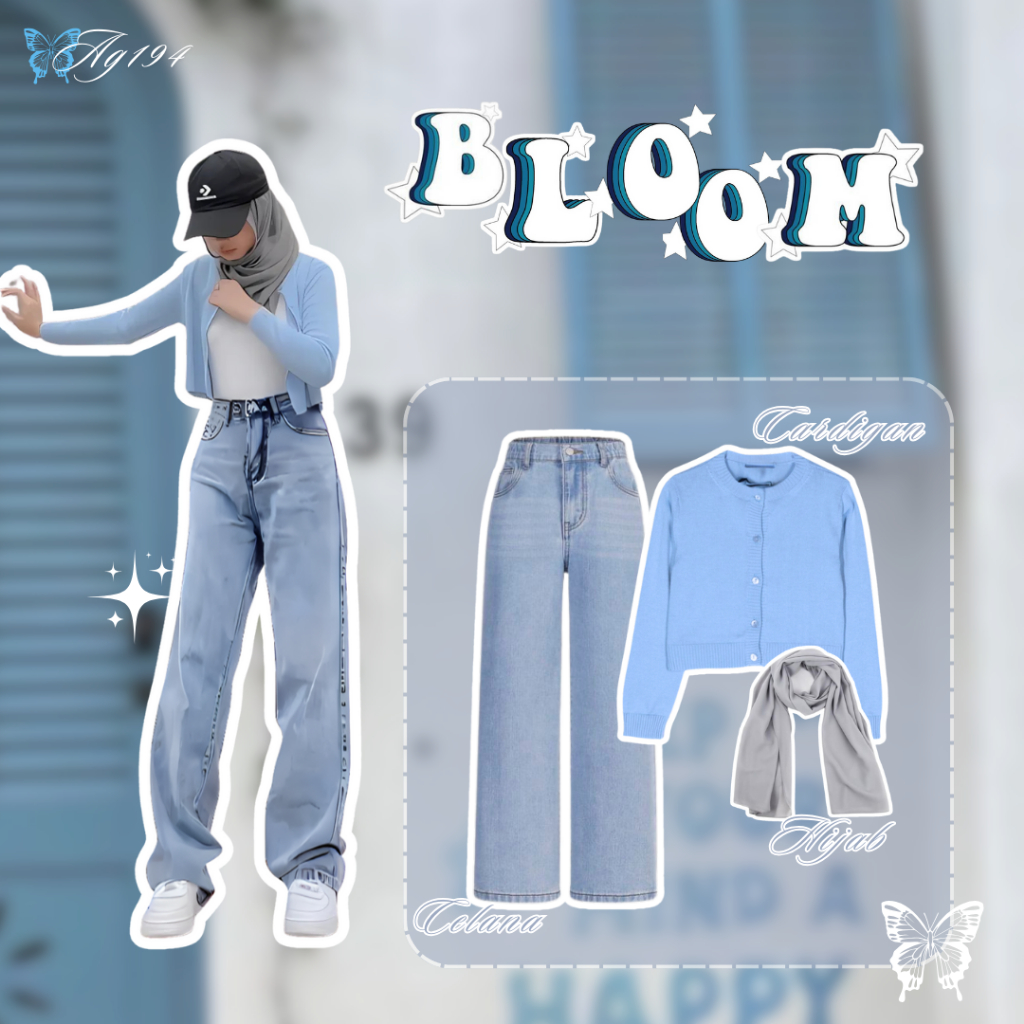 Outfit 3in1 OOTD Korean Style Wanita Terbaru Outfit Korean Style Wanita Cardigan Biru + Celana Jeans