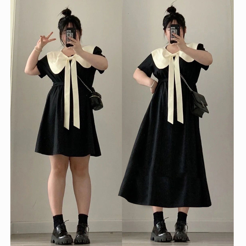 Dress Jumbo Wanita Gaun Big Size Kupu-Kupu Gaya Korea Panjang Hitam Tengah Terbaru