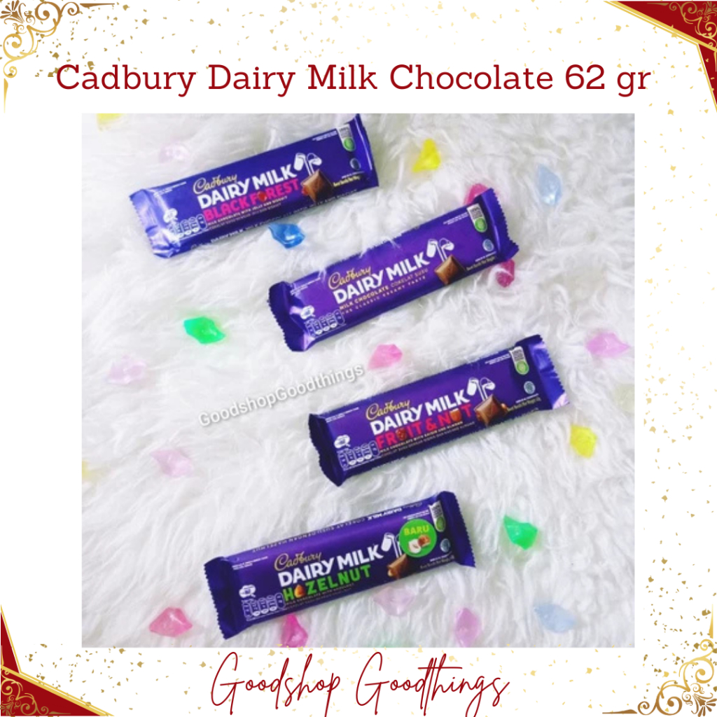 

Cadbury Dairy Milk Chocolate 62 gr Rasa Black Forest / Hazelnut/ Cokelat susu / Fruit & Nut / Cashew Nut