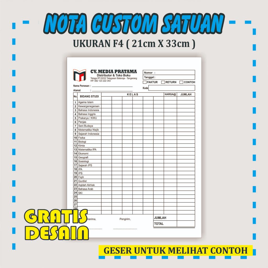 

Cetak NOTA Custom Uk. A4/F4 1 Rangkap Bahan HVS 75 gr Free Desain Nabilagrafika