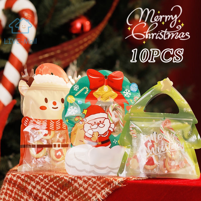

10PCS Christmas Snack Pouch Tas Hadiah Natal Tas permen Natal Plastik Zipper Natal Dekorasi Natal