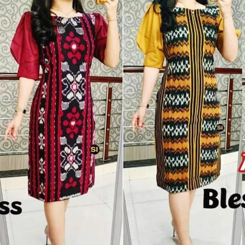 BAJU TENUN WANITA, DRESS TENUN ETNIK WANITA, DRESS TENUN MIX LENGAN KAIN TOYOBO,DRESS PESTA