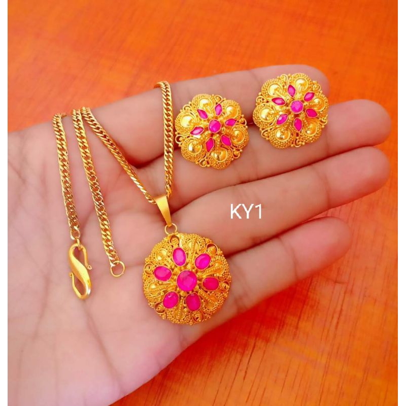 Set perak lapis emas permata ruby asli