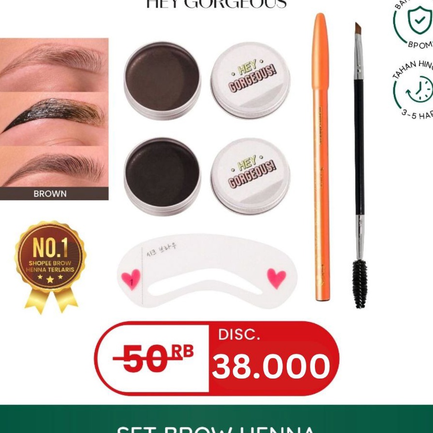 ORIGINAL PRODUK HEY GORGEOUS Henna Alis Hey Gorgeous  Set Brow Henna Halal Tahan 35 Hari FREE PENSIL