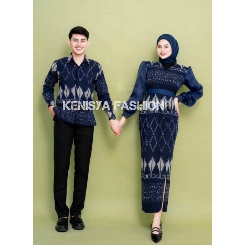 BAJU TENUN COUPLE - DRESS KARTINI NAVY - SET COUPLE LEBARAN PASANGAN - BAJU MUSLIM COUPLE
