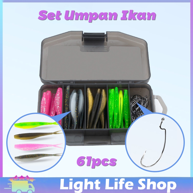 61 Pcs/Set Soft Lure Umpan Pancing Dan Mata Kail Hook Mancing Ikan isi 6.5 CM