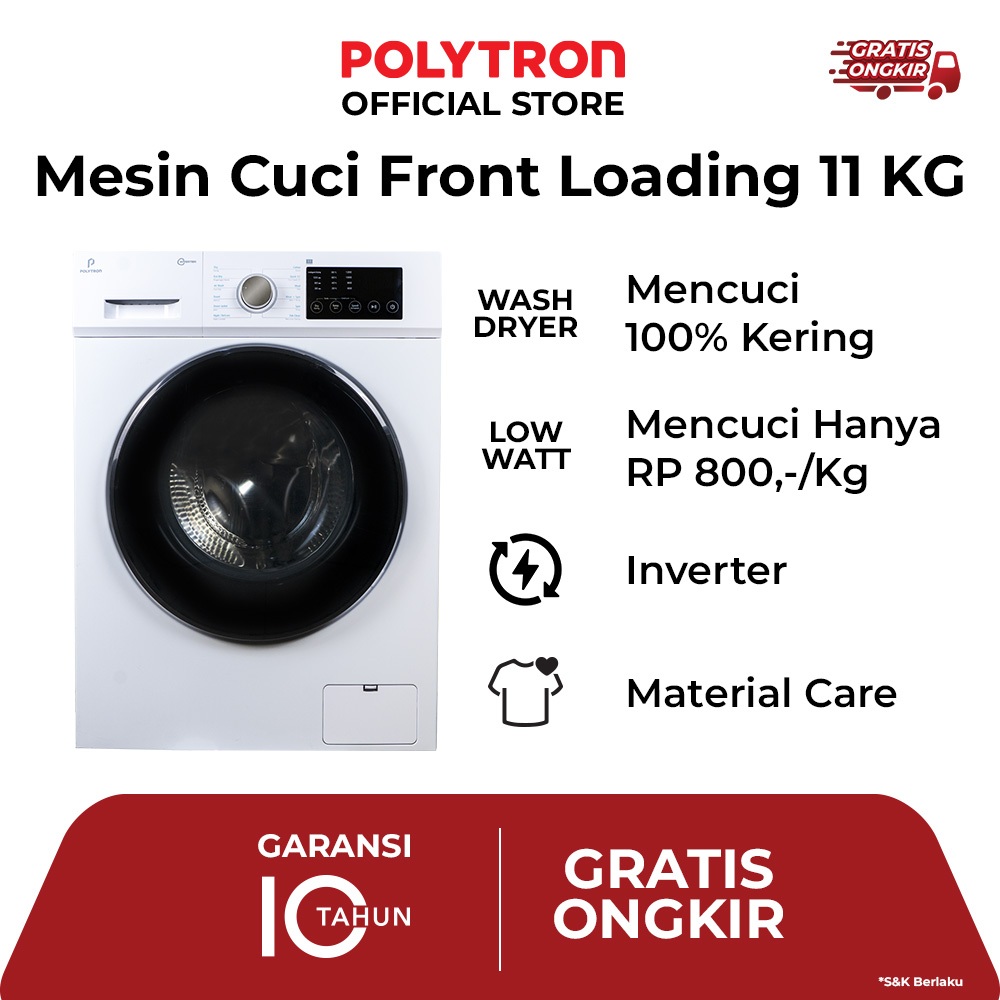 POLYTRON Mesin Cuci Front Loading inverter 100% kering Wonderwash Washer Dryer 11 KG  - PFL 1105H