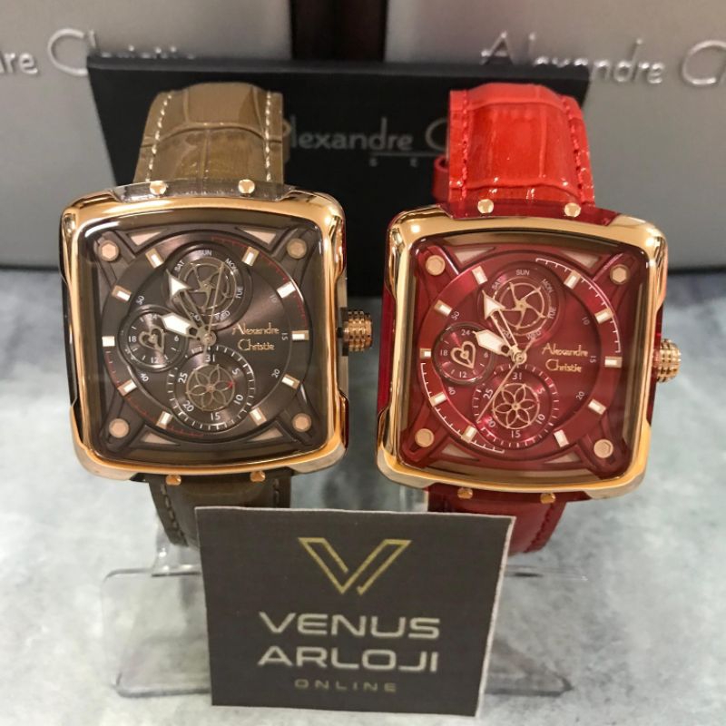 Jam Alexandre Christie AC 3030 BF LRG Wanita Rosegold Kulit Coklat Merah Segi