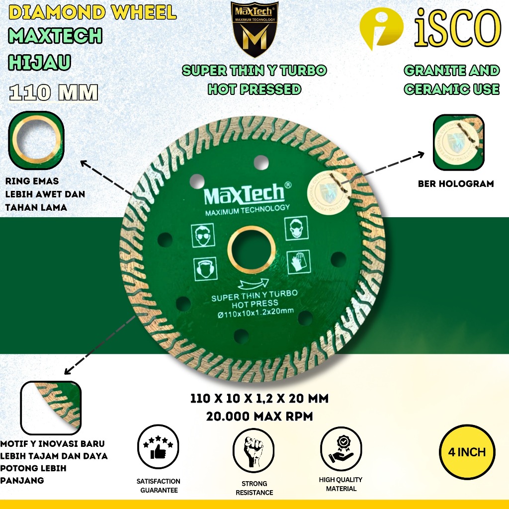 DIAMONDS WHEEL POTONG GRANIT MAXTECH 4" TURBO X HIJAU Potong Granit Isco Maxtech Batu Potong Keramik
