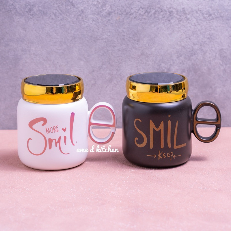 Cangkir gelas mug keramik couple sepasang tutup putar isi 2 smile black and white + gift box