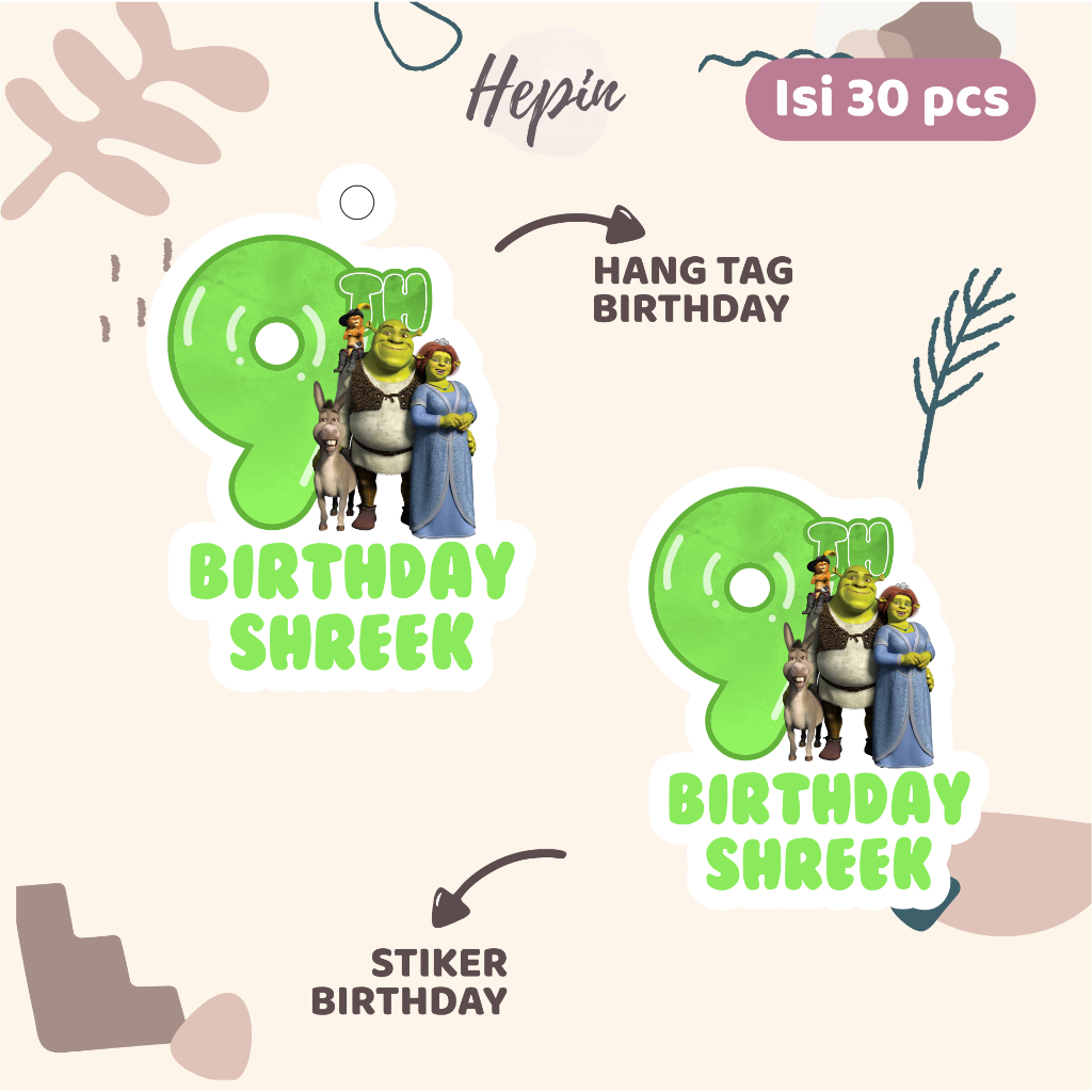 

(30pcs) Hang tag & stiker ulang tahun Tema SHREK /murah/lucu /label tag ulang tahun murah/hang tag ulang tahun/tag souvenir ulang tahun/stiker nama ualang tahun/diecut stiker&t ag