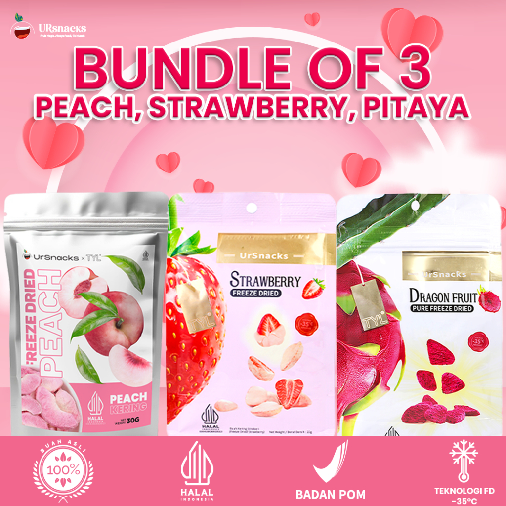 

URSNACKS Bundle Of 3 - Freeze Dried Peach 30gr - Freeze Dried Strawberry 22gr - Freeze Dried Dragon Fruit 32gr - Snack Keripik Buah Asli Halal BPOM