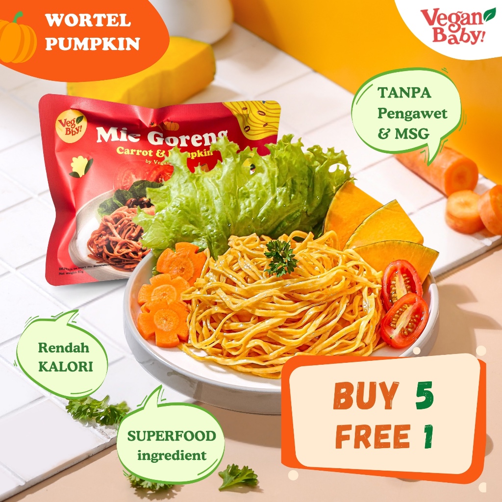 

[Beli 5 FREE 1] Vegan Baby Mie Goreng Wortel Pumpkin Rendah Kalori Non MSG Vegetarian